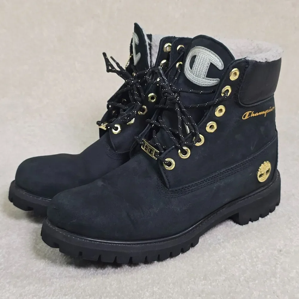 Timberland xChampion Collab Boots Black Gold 6” Shearling Streetwear 8M